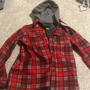 Volcom red flannel pattern jacket, grey hood, boys large, zipper and velcro.